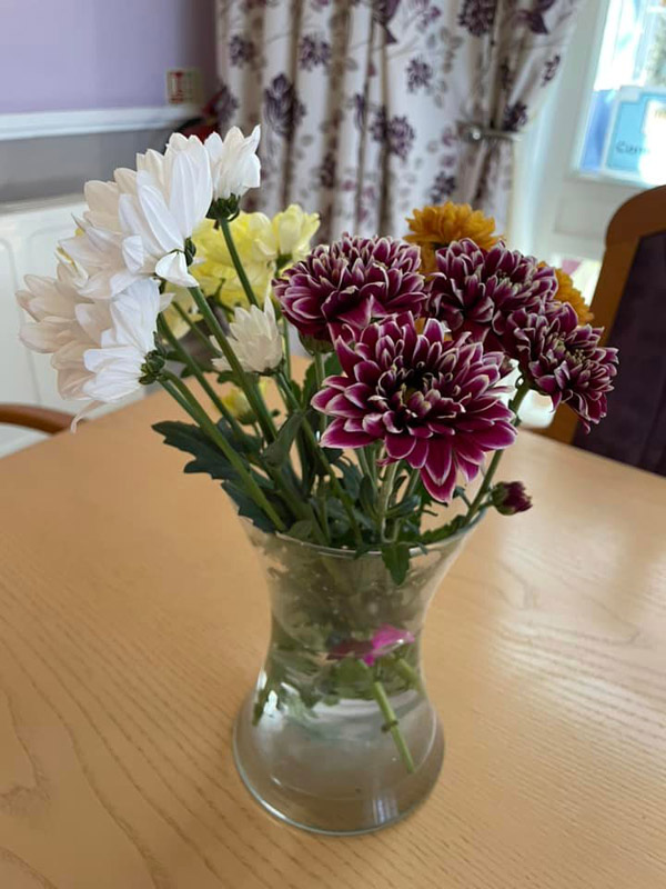 purple, yellow and white flowers in a vase